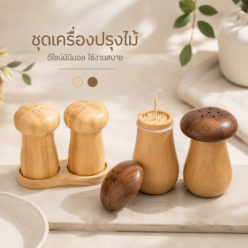 กล่องไม้จิ้มฟัน ขวดโรยเกลือ ที่ใส่ไม้จิ้มฟันทรงเห็ด งานไม้มินิมอล