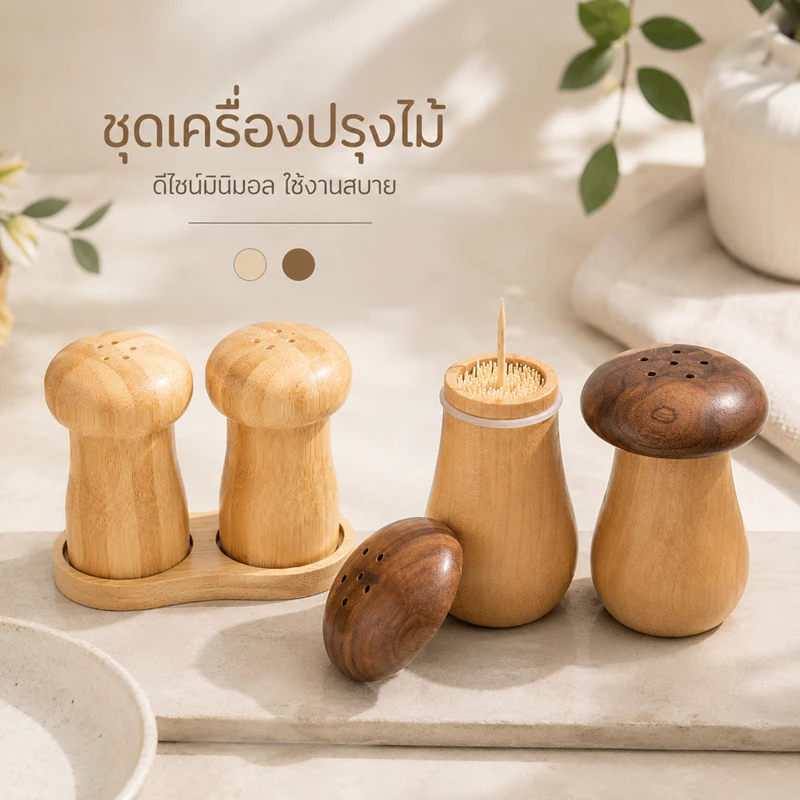 กล่องไม้จิ้มฟัน ขวดโรยเกลือ ที่ใส่ไม้จิ้มฟันทรงเห็ด งานไม้มินิมอล ใช้งานง่าย ตกแต่งโต๊ะสวย