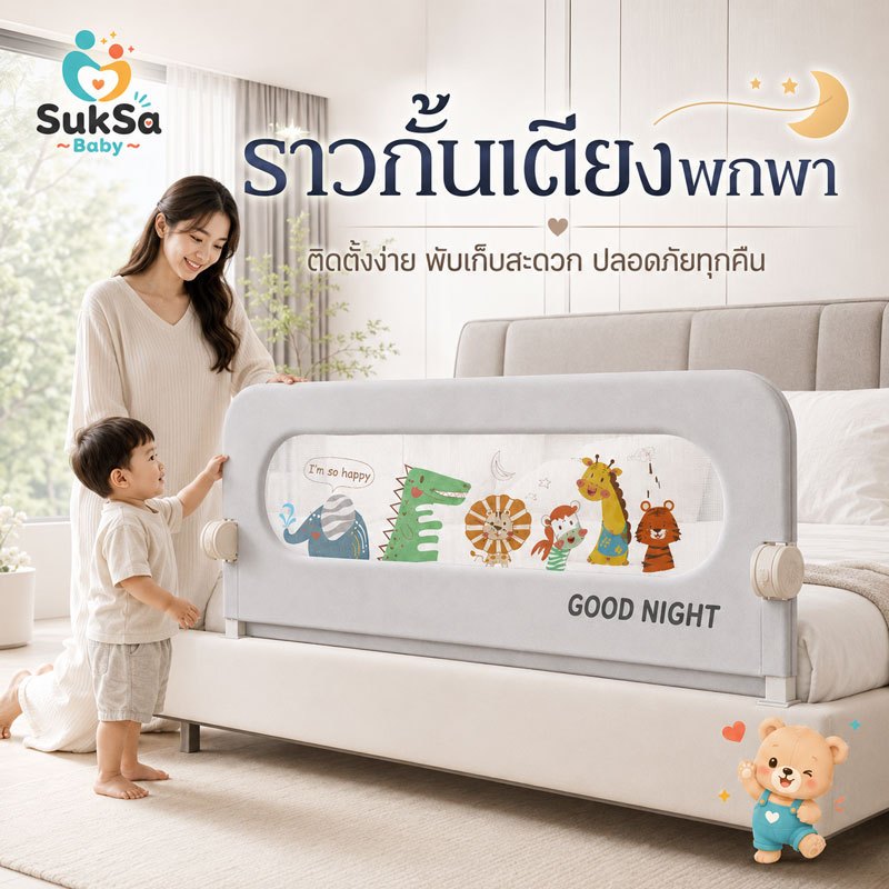 ที่กั้นเตียงเด็ก ราวกันตกข้างเตียง ปรับความสูงได้ 14 ระดับ กดพับลงได้ ฐานยึดสกรู มีหลายขนาด