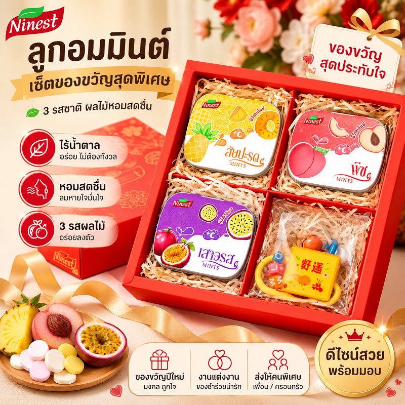 กล่องชุดลูกอม！Ninest ลูกอมมิ้นต์ ลูกอมไม่มีน้ำตาล วิตามินซีรสผลไม้ มี3รส พีช สับปะรด เสาวรส Mint Can