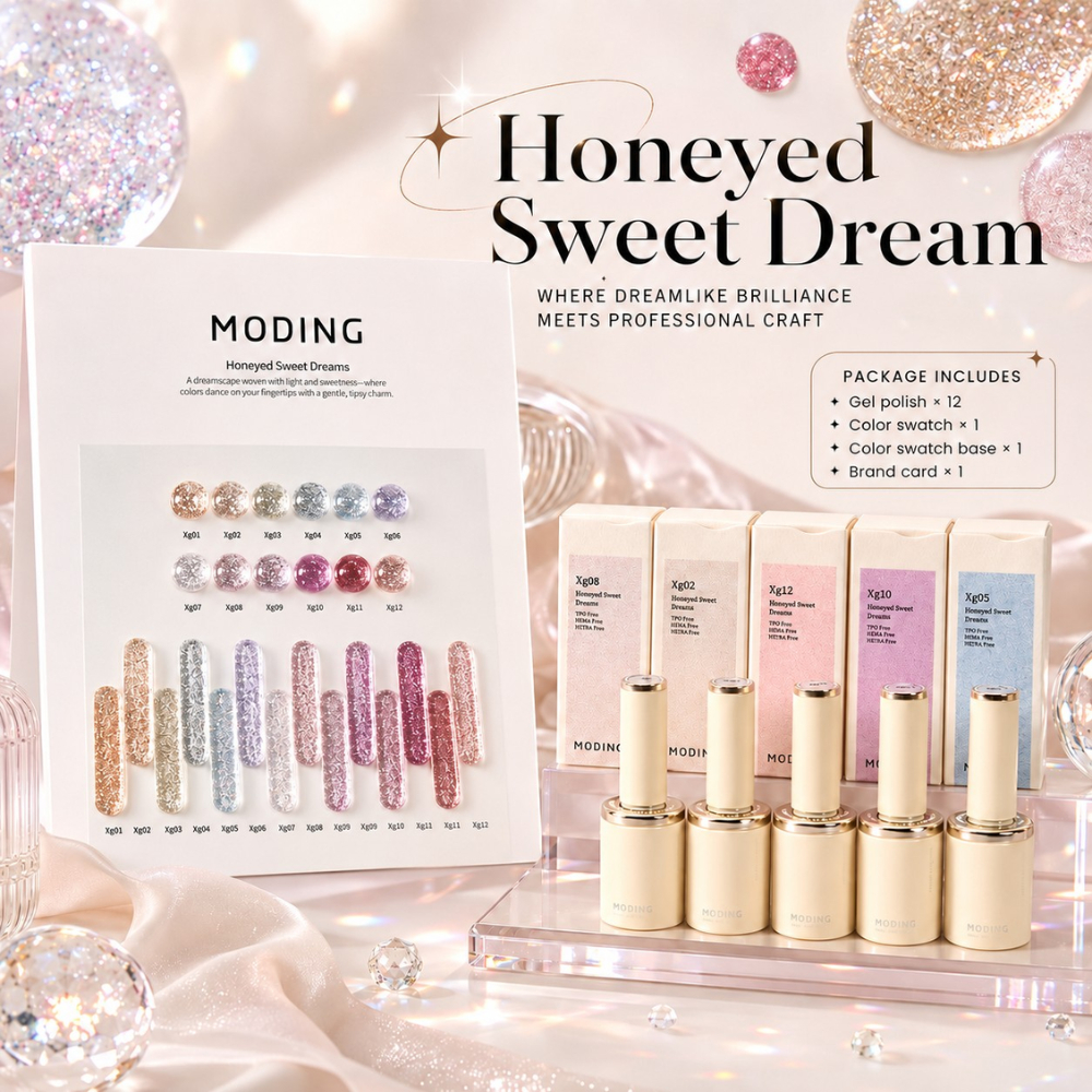เซตสีเจลกากเพชรกลิตเตอร์ Moding Honeyed Sweet Dream 12 สี พร้อมชาร์ทโชว์