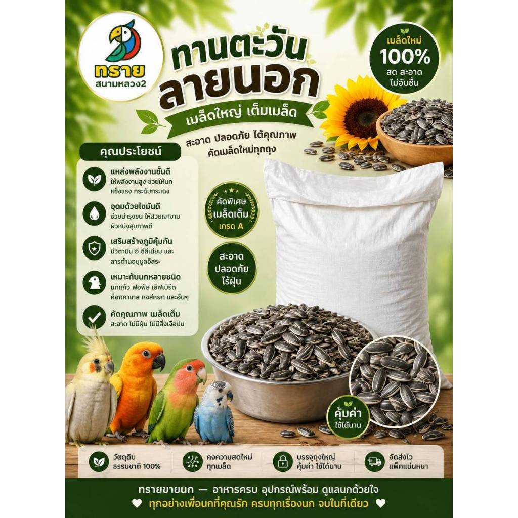 **ทานนอก**เมล็ดทานตะวันลาย (แบ่งขาย 500 G. - 1 KG.) อาหารนกแก้ว อาหารแฮมเตอร์