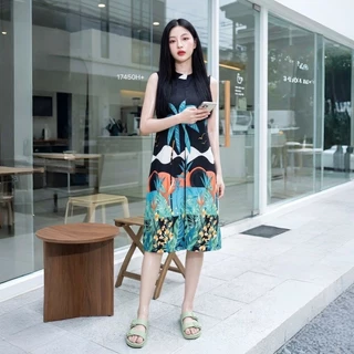 Set 2 ชิ้น เสื้อแขนกุดตัวยาว ผ่าหน้า พิมลาย + กางเกงขาสั้นพิม TT17450