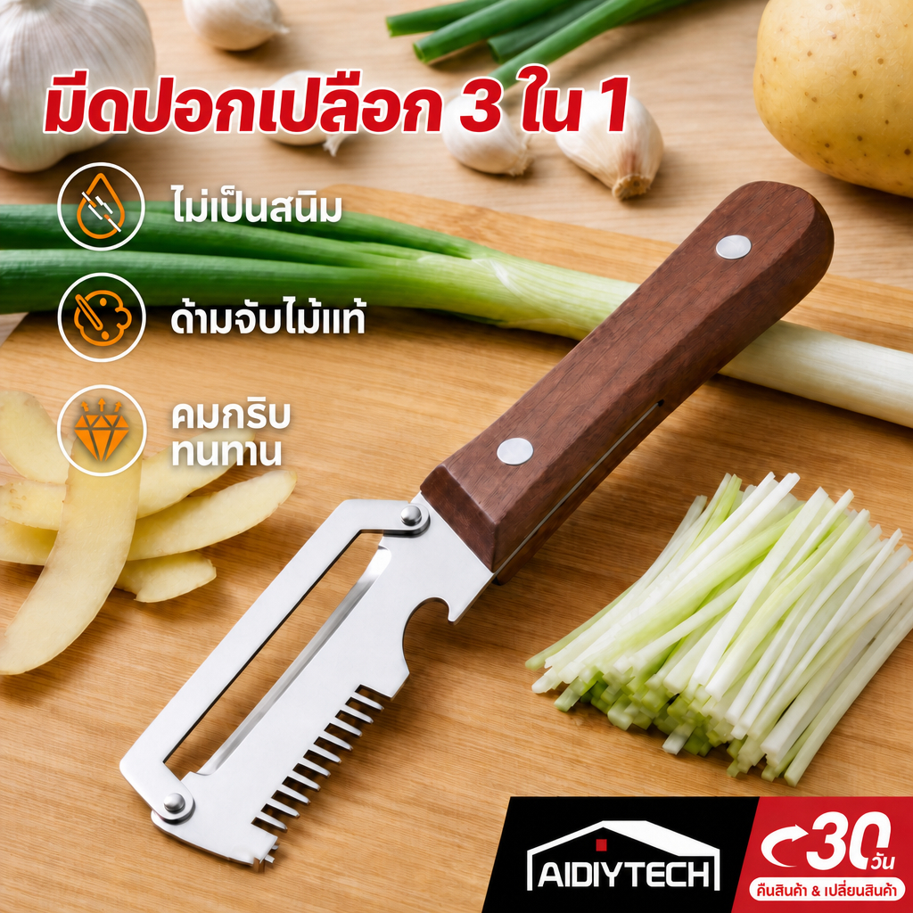 AIDIY ที่ขูดเส้นส้มตำ 3in1 สแตนเลส คมกริบ ไม่เป็นสนิม ที่ขูดเส้นส้มตำ ปอกเปลือก หั่นซอย เปิดขวด ด้ามไม้แท้ ส่งด่วน