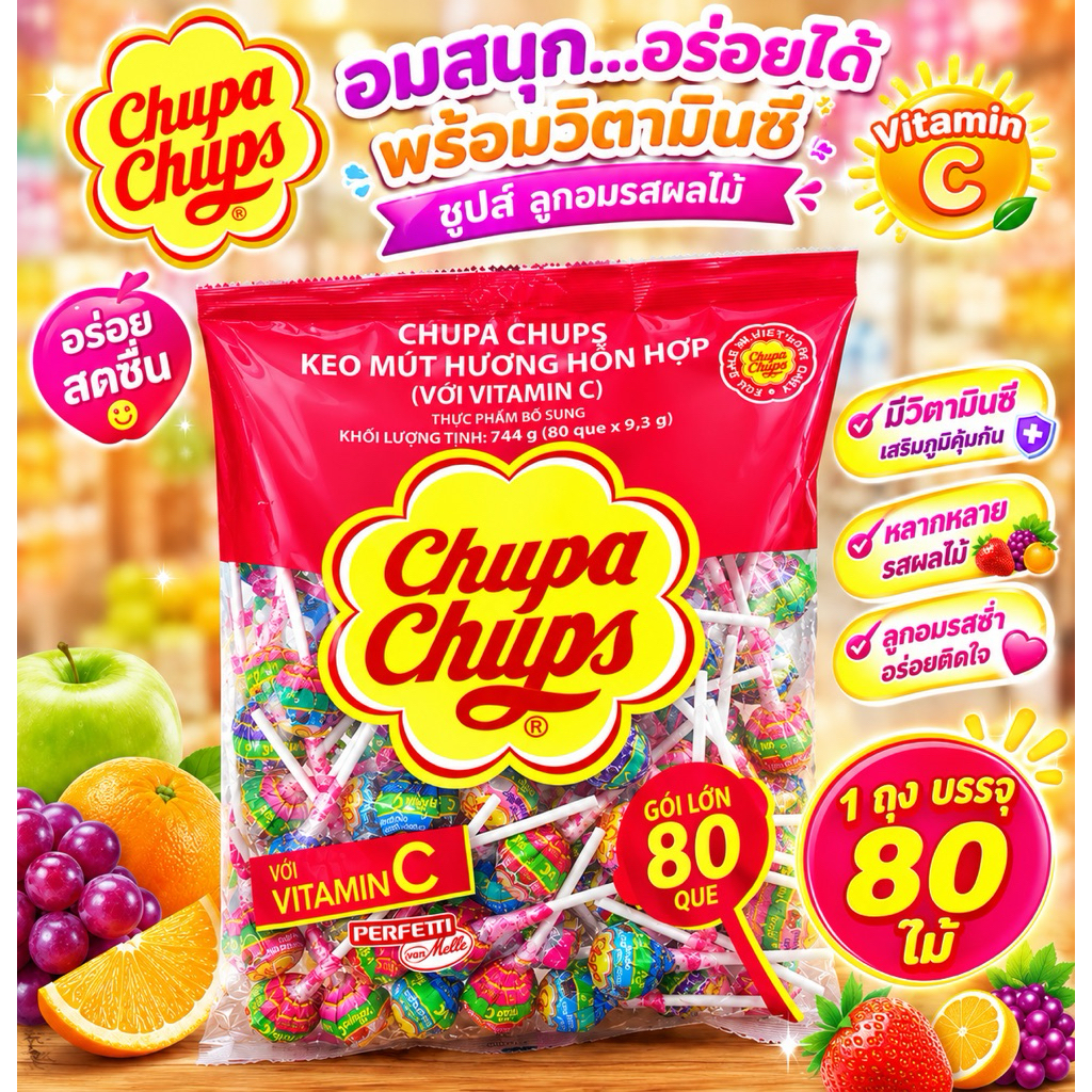 อมยิ้มจูปาจุฟคละรสผลไม้ถุงเติม80ไม้ จูปาจุฟ5บาท อมยิ้มจูปาจุฟคละรสผลไม้ พร้อมส่ง