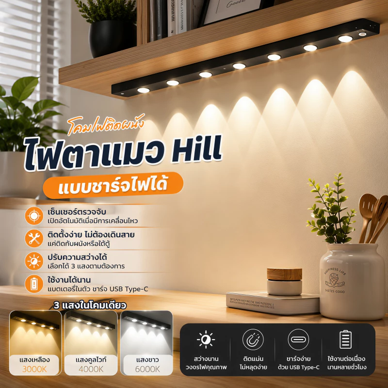 แถบไฟ LED เซ็นเซอร์อัตโนมัติ 3 โทนสี ชาร์จ USB แถบกาวในตัว ติดตั้งง่าย สำหรับตู้เสื้อผ้า ห้องครัว ห้องนอน