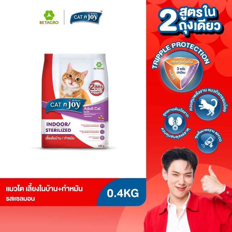 CAT n joy อาหารแมว สูตรเลี้ยงในบ้านและทำหมัน สำหรับแมวโต 1 ปีขึ้นไป รสแซลมอน ขนาด 400 กรัม