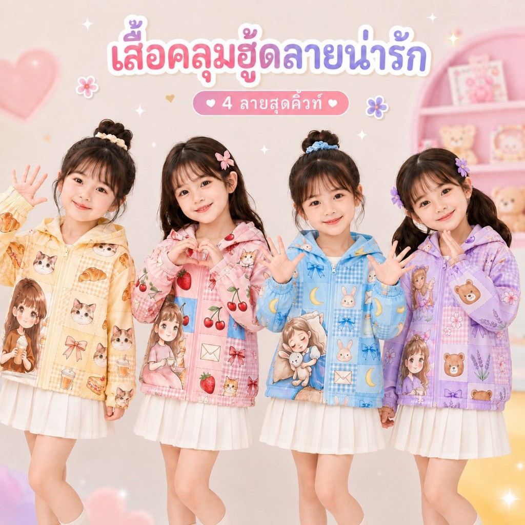 BB371 แจ็คเก็ตเด็กมีฮู้ด ลายน่ารัก เสื้อคลุมเด็กผู้หญิง สีพาสเทล 4 ลาย ใส่สบาย
