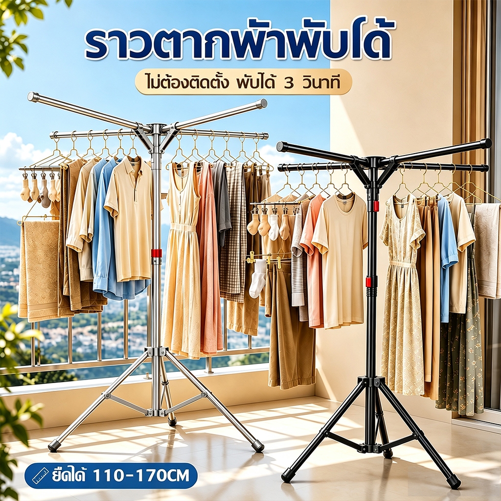 【เปิดฝาใช้ทันที】ราวตากผ้าพับได้ ราวตากผ้า ปรับความสูงได้ โครงสร้างแข็งแรง กันน้ำกันสนิม เหมาะบ้านและหอพักพื้นที่น้อย