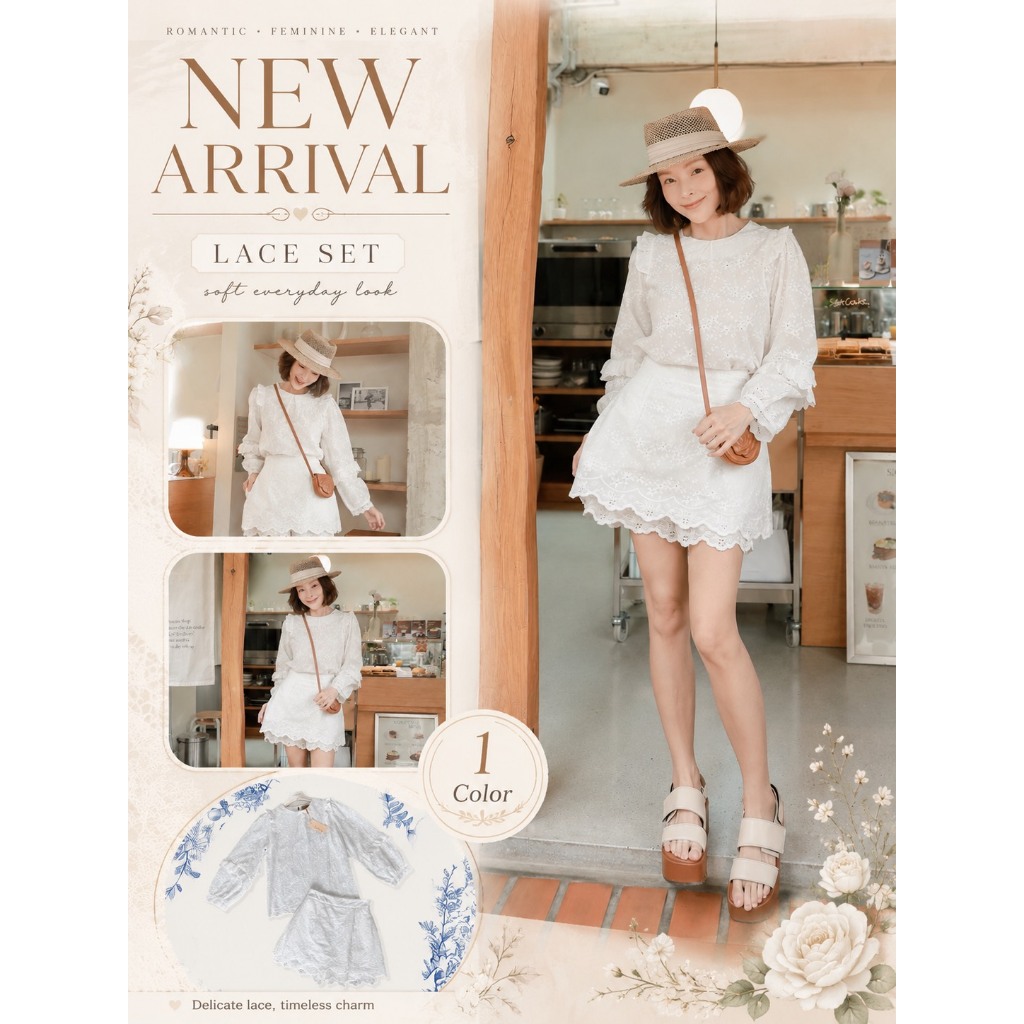 CHALINE STUDIO P&C 74248 Set2pcs. เซตผ้าลูกไม้เนื้อผ้าคอตตอนปักลายดอกไม้ในเนื้อผ้า ใส่สบาย