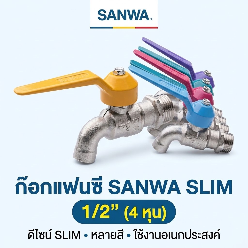 ก๊อกน้ำ SANWA SLIM แท้ 100% ก๊อกแฟนซี ซันวา ขนาด 1/2 นิ้ว (4 หุน) ทองเหลือง ทนทาน ไม่เป็นสนิม คละสี