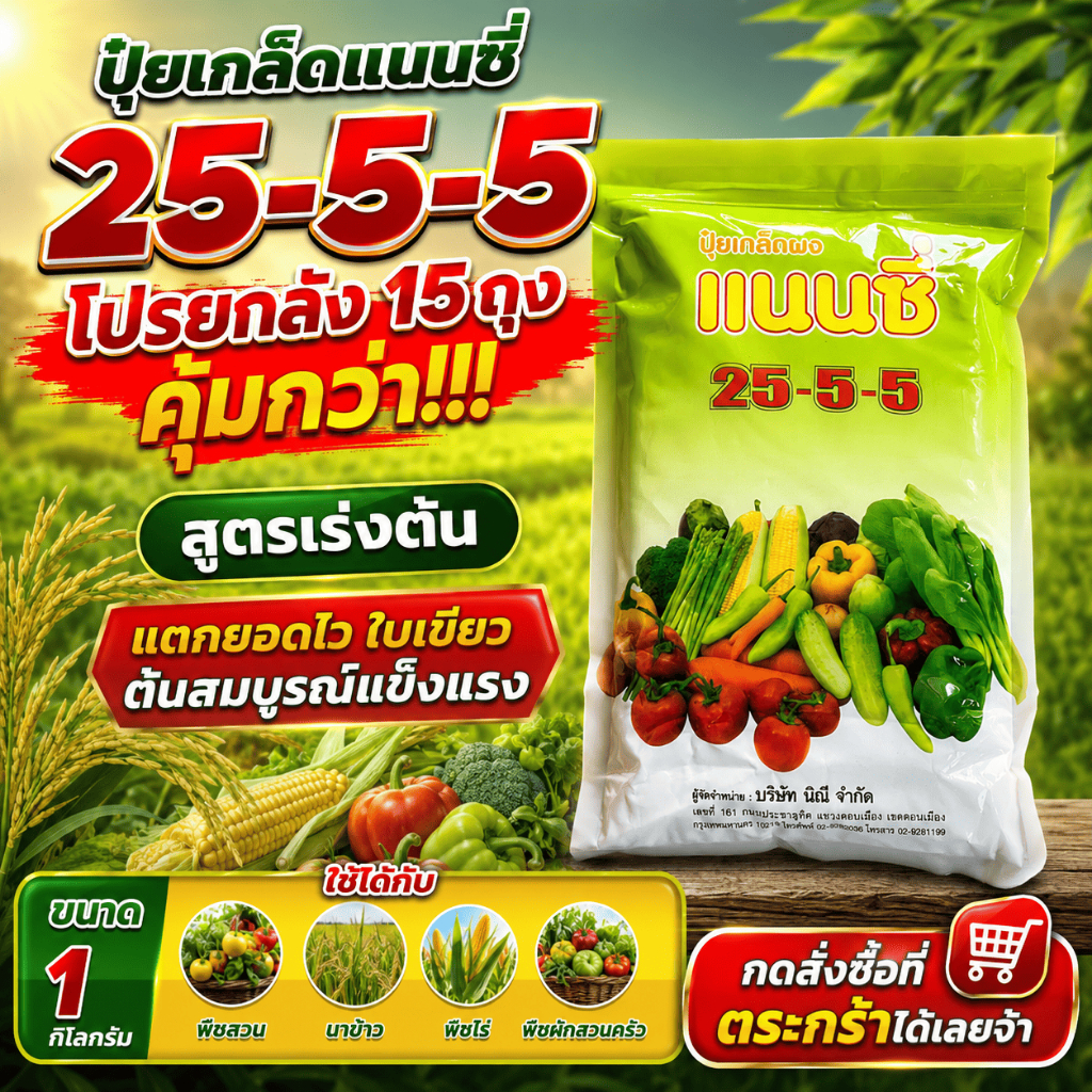 ปุ๋ยเกล็ด แนนซี่ 25-5-5 (15ถุง) ขนาด 1 กิโลกรัม สูตรเร่งต้น/ใบ ใบเขียวเข้ม แตกกอดี เร่งขาวจั๊วะ ไนโต