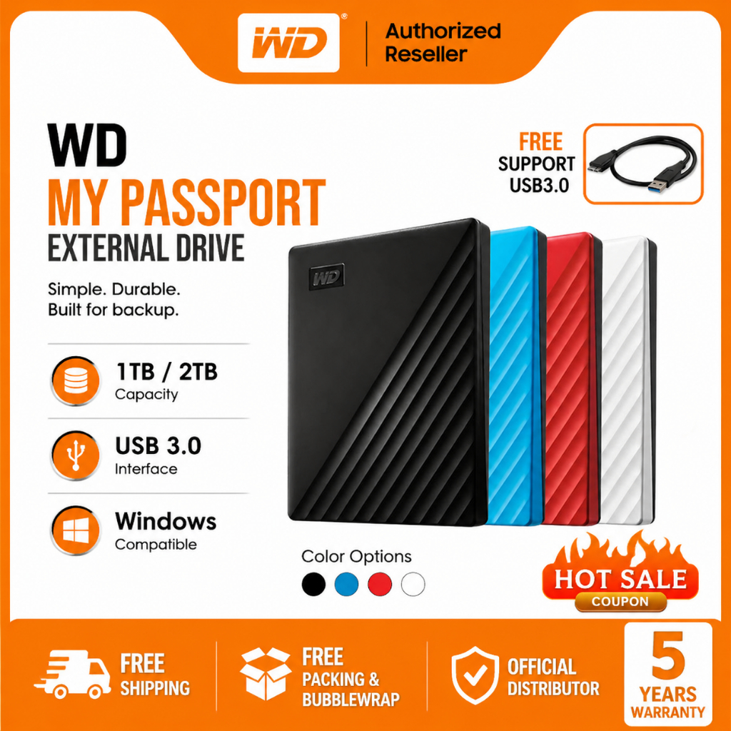 WD My Passport External Harddisk WD HDD 1TB 2TB USB3.0 ฮาร์ดดิสก์พกพา External Hard Drive ของแท้ รับ