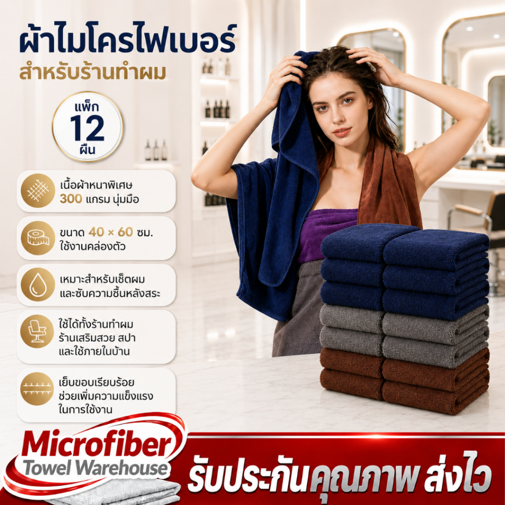 12 ผืน ผ้าไมโครไฟเบอร์สำหรับร้านทำผม ขนาด 40 × 60 ซม12 ผืน. | หนาพิเศษ 300 แกรม | แพ็ก 12 ผืน