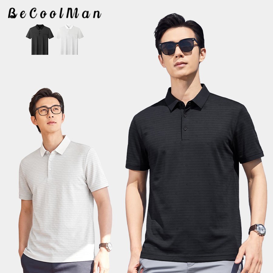 BecoolMan เสื้อโปโลผู้ชาย รุ่นบาง เสื้อคอปก ลายตารางพิมพ์ลาย ผ้าไหมน้ำแข็งเย็น ระบายอากาศแห้งเร็ว เหมาะสำหรับฤดูร้อน
