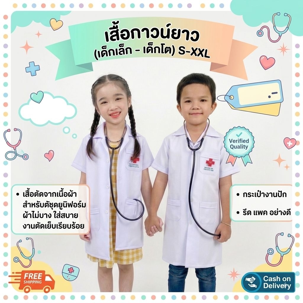 เสื้อกาวน์คุณหมอ ใช้ผ้าตัดยูนิฟอร์มจริง ชุดหมอ เด็ก เสื้อกาวน์ยาว ชุดอาชีพเด็ก เสื้อผ้าเด็ก