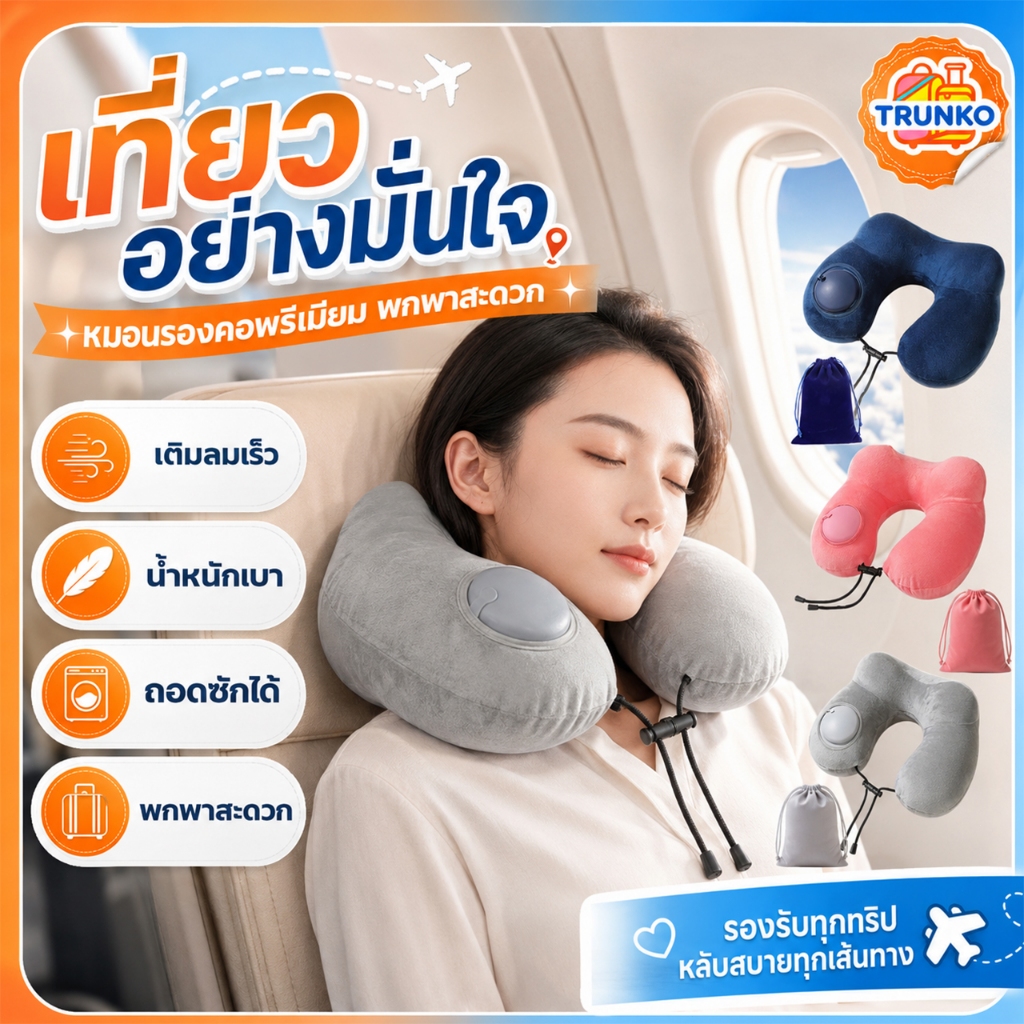 หมอนรองคอรูปตัว U แบบเป่าลม กดเติมลมเองได้ พับเก็บเล็ก พกพาสะดวก ใช้ได้ทั้งเดินทาง ตั้งแคมป์ และในรถยนต์ รองรับสรีระ