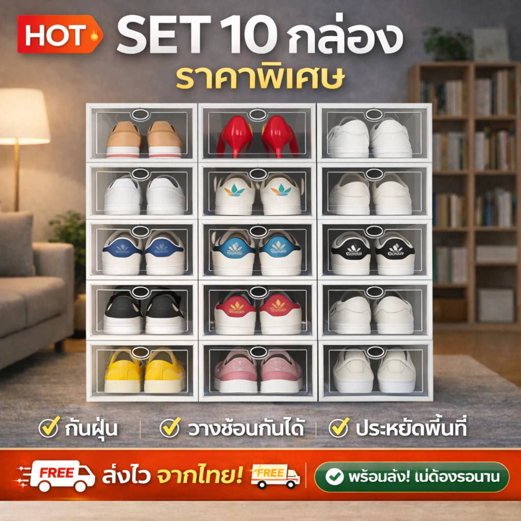 SET 10 กล่องรองเท้า กล่องเก็บรองเท้า ตู้เก็บรองเท้า กันฝุ่น วางซ้อนได้ ประหยัดพื้นที่ สำหรับหอพักและคอนโด พร้อมส่ง