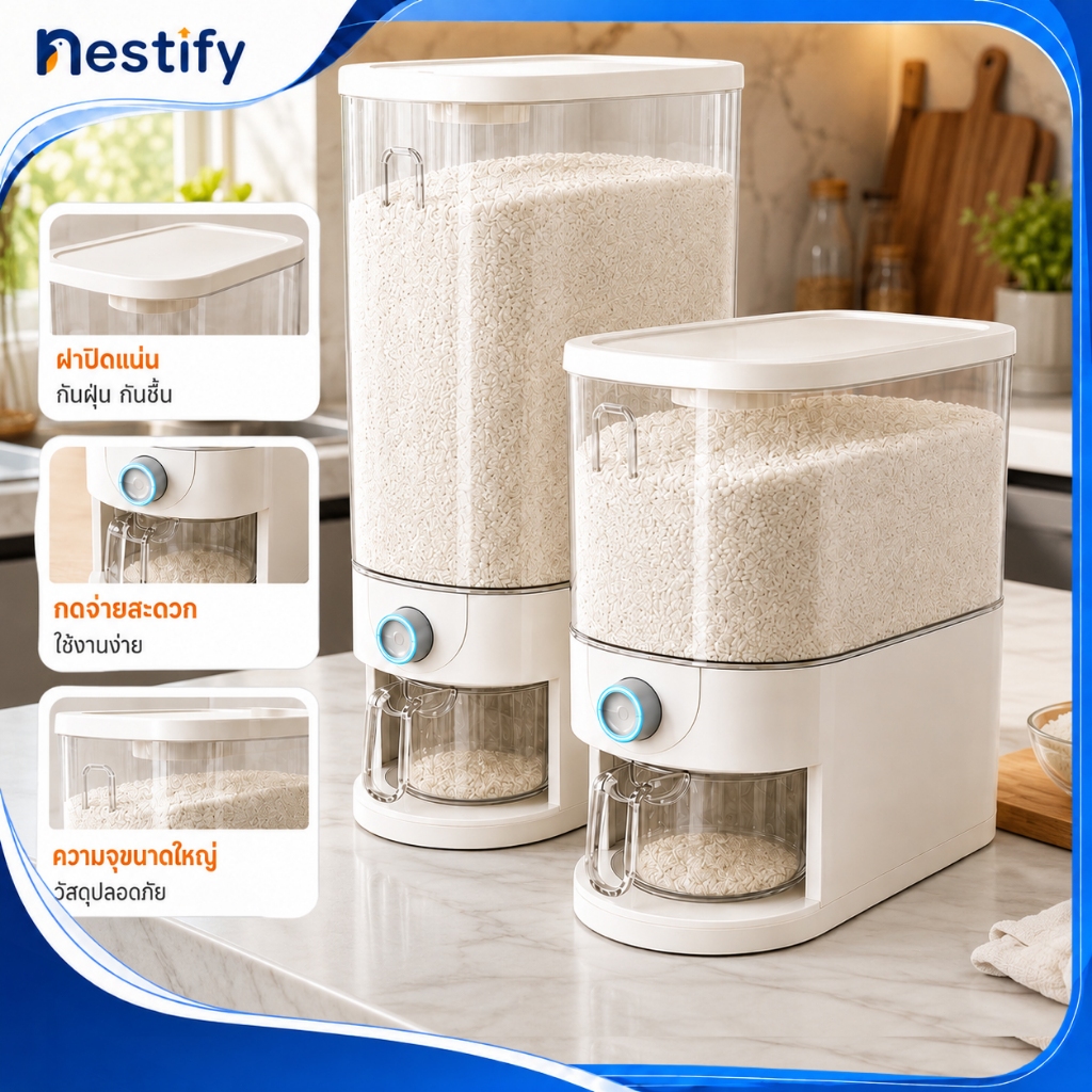 Nestify ถังข้าวสาร ถังใส่ข้าวสาร 5/10KG กล่องเก็บข้าวสาร และกันแมลง กล่องเก็บอาหารแห้ง มีล้อด้วย