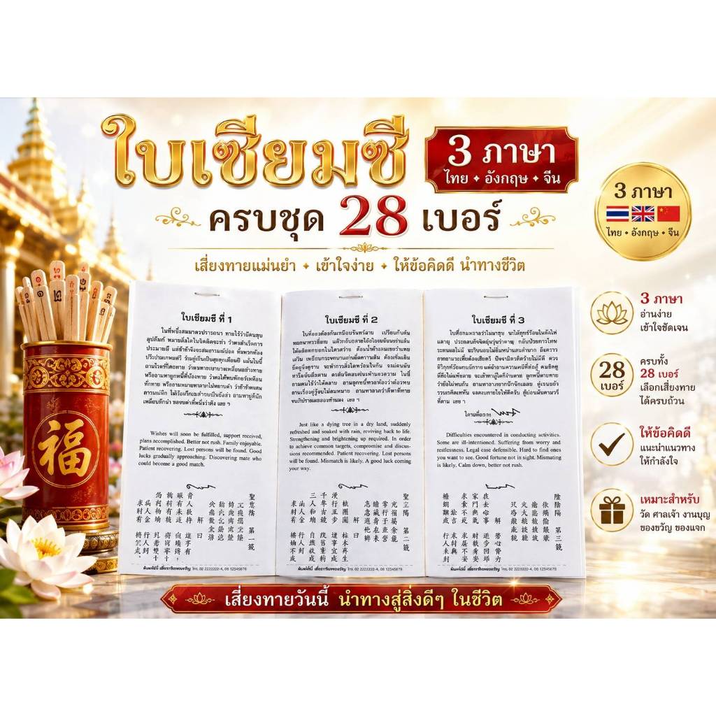 ใบเซียมซี 28 เบอร์  3 ภาษา ไทย อังกฤษ จีน  พร้อมคำทำนาย เสี่ยงทาย