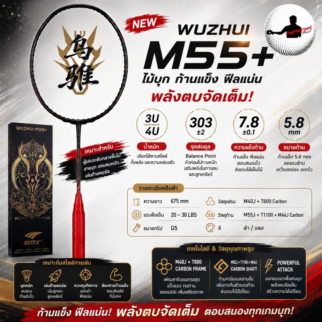 ไม้แบดมินตัน SOTX WUZHUI M55+ 3U 4U สีดำแดง (พร้อมเอ็น 66 / 68) Speed Attack บุกเกมเร็ว ไดรฟ์ ตบต่อเ