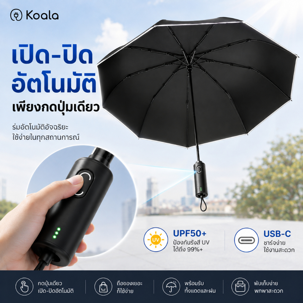 KOALA Risetime Umbrella ร่มอัตโนมัติชาร์จ Type-C UPF50+ กันลมแรงระดับ 5