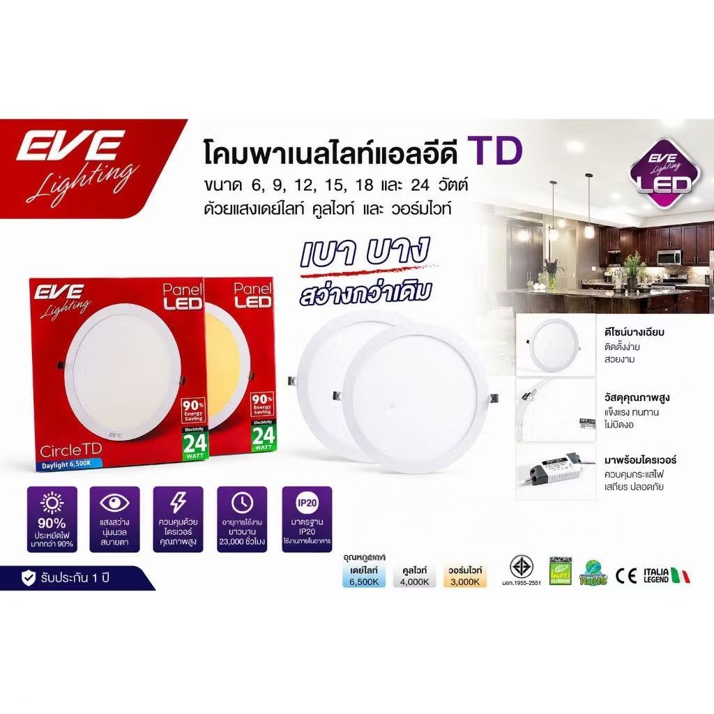 โคมไฟEVE โคมดาวน์ไลท์LED PANELฝังฝ้า รุ่นบาง TD ยี่ห้ออีฟ (ราคายกลัง)