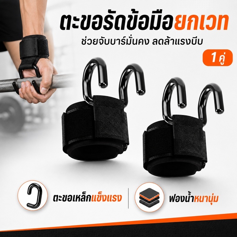 ตะขอมือยกบาร์ สายรัดข้อมือยกเวท Power Hook Wrist Strap 1 คู่ ช่วยเพิ่มแรงจับ กันลื่น เดดลิฟต์ ดึงข้อ ฟิตเนส เวทเทรนนิ่ง