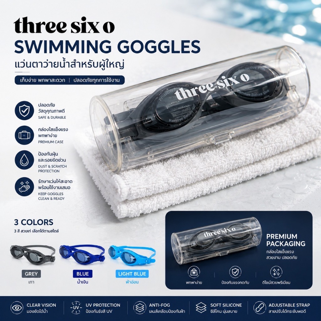 ThreeSixO360 เเว่นว่ายน้ำ สำหรับผู้ใหญ่ สวมใส่สบาย สายซิลิโคนปรับได้ พร้อมกล่องใส่และจุกอุดหู — صورة 2
