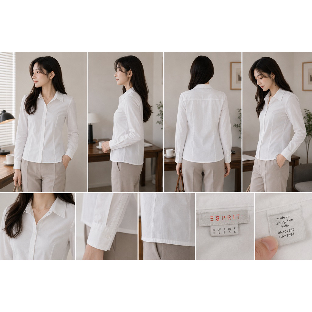 เสื้อเชิ้ตผู้หญิงมือสอง ESPRIT สีขาว แขนยาว ทรงเข้ารูป เสื้อทำงาน เสื้อออฟฟิศ เชิ้ตคอปก Minimal ซส์ 