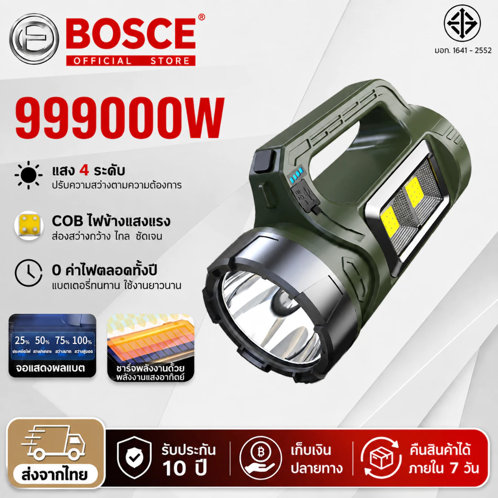 【รับประกัน 10 ปี】ไฟฉายแรงสูง LED 100000LM ไฟฉายสปอตไลท์ ชาร์จได้ ไฟด้านข้าง ปรับแสงแรง-ต่ำ ไฟแฟลช