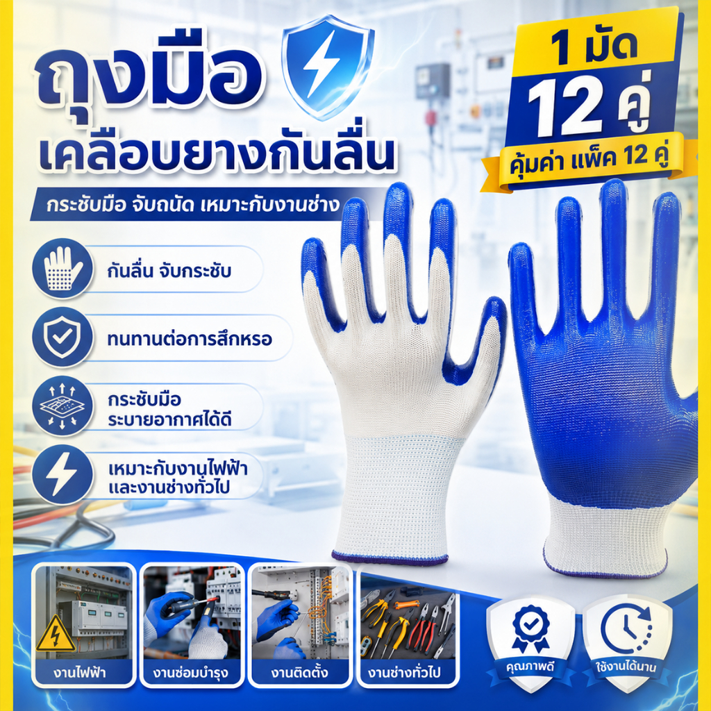 ถุงมือป้องกันงานเคลือบยาง กันลื่น กันบาด ทนทานต่อการสึกหรอ แพ็ค 12 คู่ เหมาะงานก่อสร้าง ซ่อมแซม และทำงานเกษตร