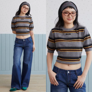 Bemingtop1219(S-XL)-Stripe Knit Tee - เสื้อไหมพรมแขนสั้นลายทาง ดีไซน์คลาสสิก