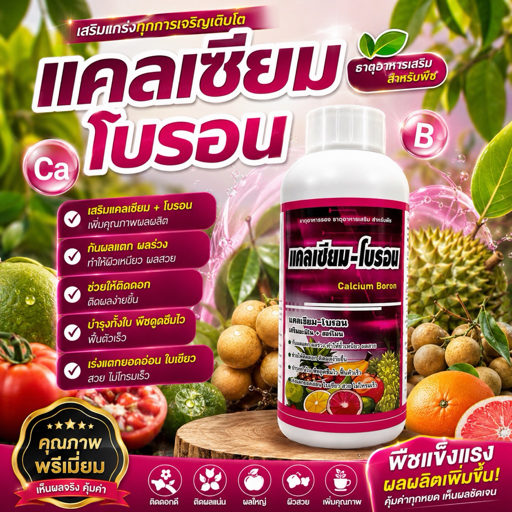 แคลเซียมโบรอน เสริมอะมิโนและฮอร์โมน 1 ลิตร / 5ลิตร ดอกไม่ร่วง ผลไม่แตก ขั้วเหนียว ขยายขนาดผล ผลแน่น