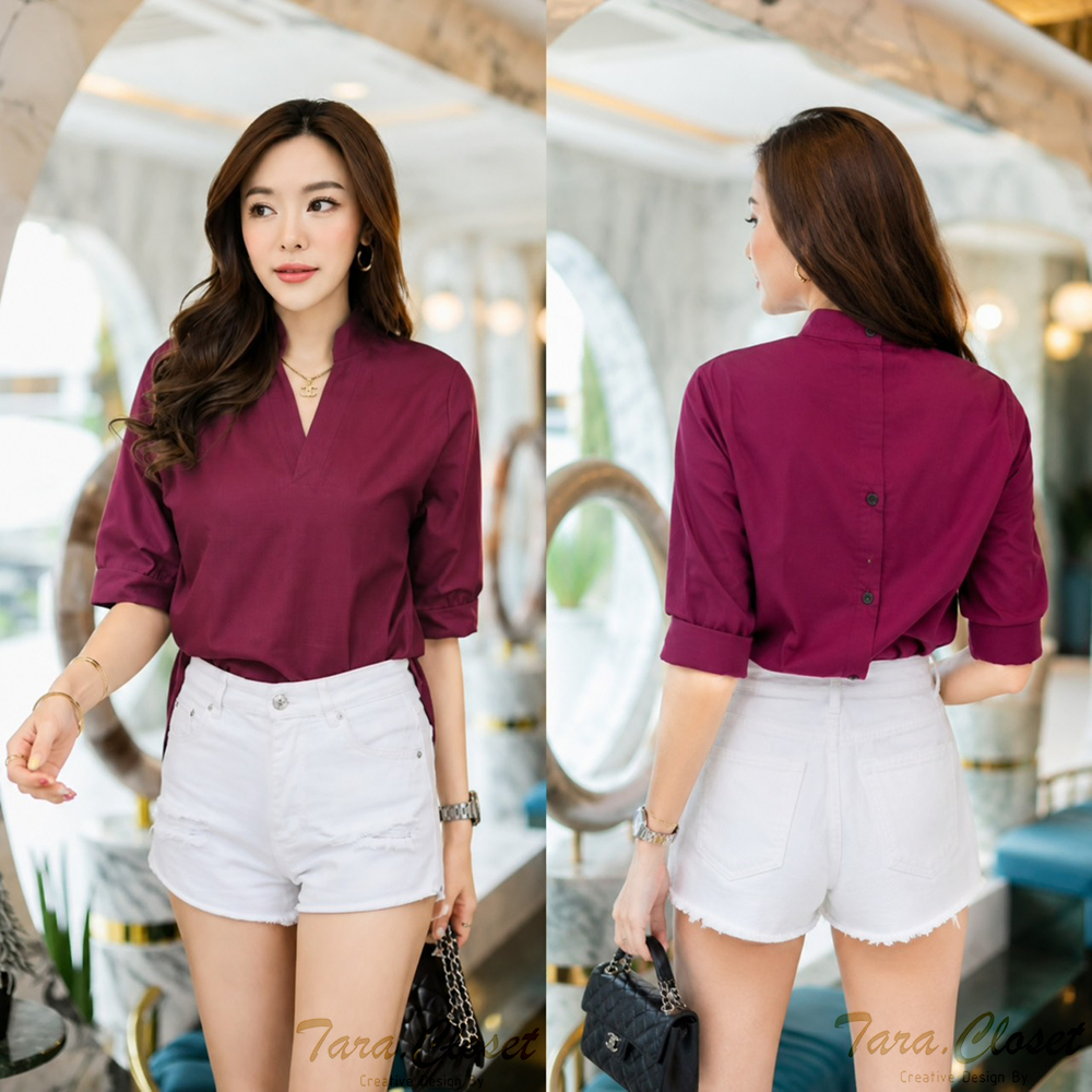 ZO040 TARA Shirt เสื้อเชิ้ต แขนสั้น คอจีน กระดุมหลัง เนื้อผ้าคอตตอนอ็อกฟอร์ด ผ้าดี ใส่สบาย ไม่ร้อน