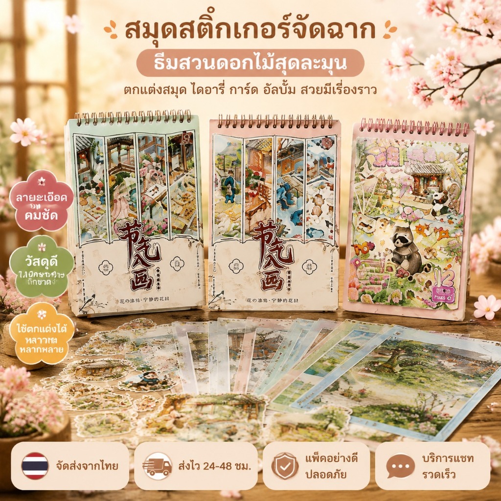 สมุดรวมสติกเกอร์ธีมวาดสวนดอกไม้ ใช้แต่งหน้ากระดาษให้ดูอบอุ่นและน่ารัก