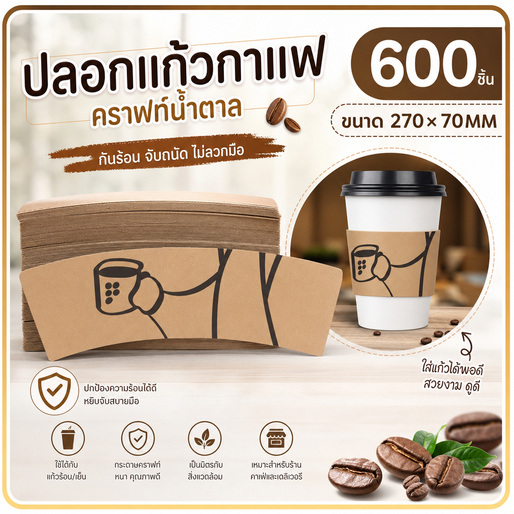 [ส่งฟรี] 600 ชิ้น 🥤 ปลอกสวมแก้ว กระดาษ ปลอกสวมแก้วกาแฟ สีน้ำตาล Coffee Sleeve ปรับได้ 7 ระดับ หนา 250 แกรม B.1 DIY