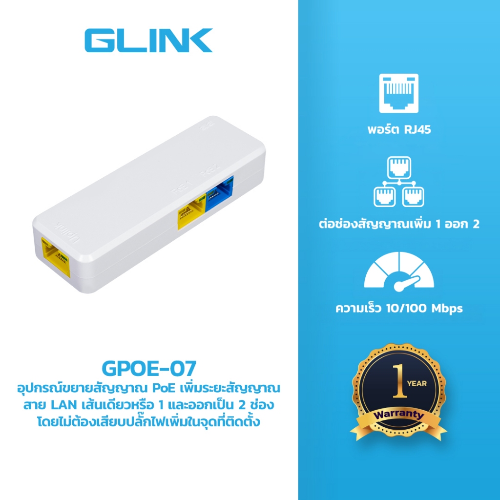 GLINK GPOE-07 POE Extender 60W 10/100Mbps. ตัวแยก POE 1 ออก 2 สายแลน1เส้นเดินกล้องเพิ่มได้ 3-4ตัว