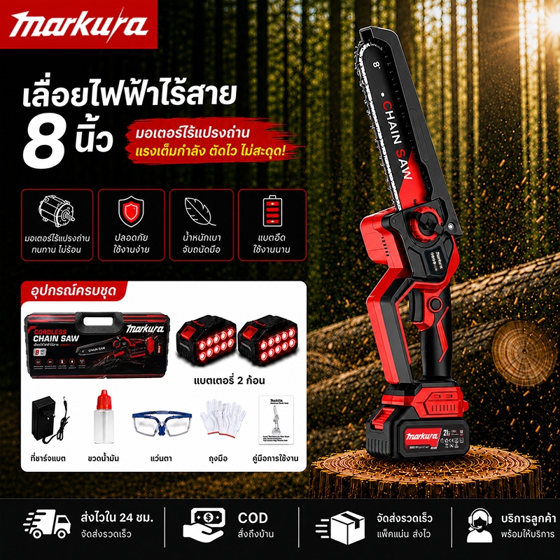 MARKURA เลื่อยไฟฟ้าไร้สาย 8 นิ้ว 21V มอเตอร์ไร้แปรงถ่าน ระบบหล่อลื่นอัตโนมัติ แบต 10 เซลล์ 2 ก้อน อุปกรณ์ครบเซ็ต