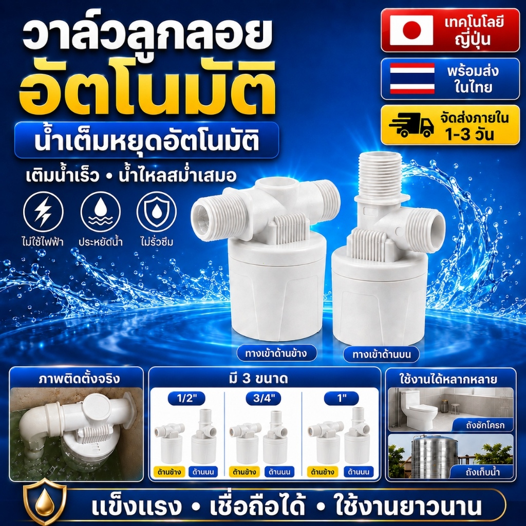 วาล์วลูกลอยอัตโนมัติ สีขาว 1/2" 3/4" 1" ควบคุมระดับน้ำอัตโนมัติ สำหรับถังน้ำ พร้อมข้องอ 90°