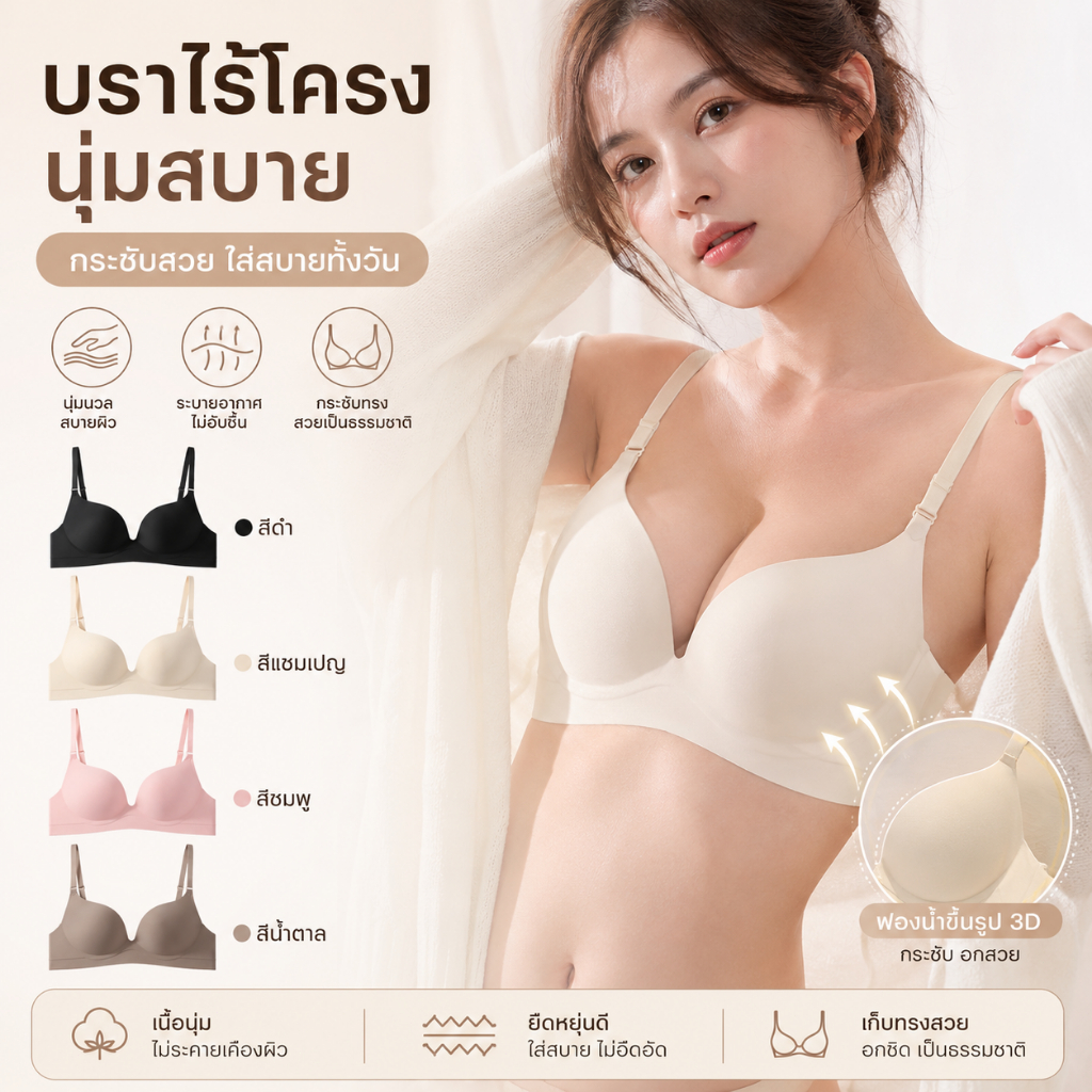 บราแบบชิ้นเดียวไม่มีลวดเหล็ก สาววัยรุ่นหน้าอกเล็ก ช่วยรวบอกกระชับ ยกทรงป้องกันหย่อน มีรุ่นแผ่นหนาและแผ่นบางให้เลือก ใส่ส
