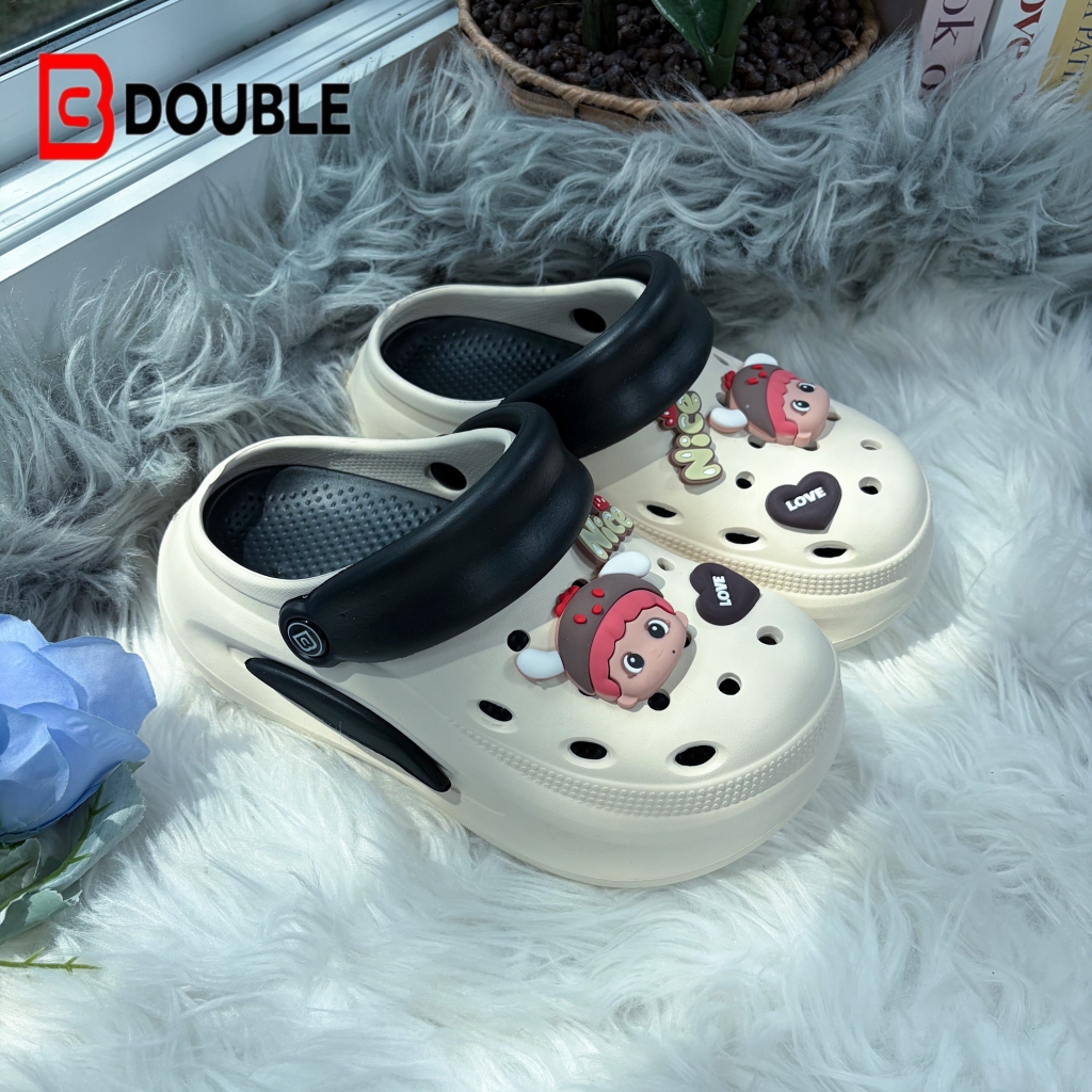 รองเท้าแตะ BB DOUBLE ตกแต่งน่ารัก สีครีม-ดำ พื้นหนา ระบายอากาศ สบายๆ สำหรับผู้หญิง รองเท้าเดินชายหาด