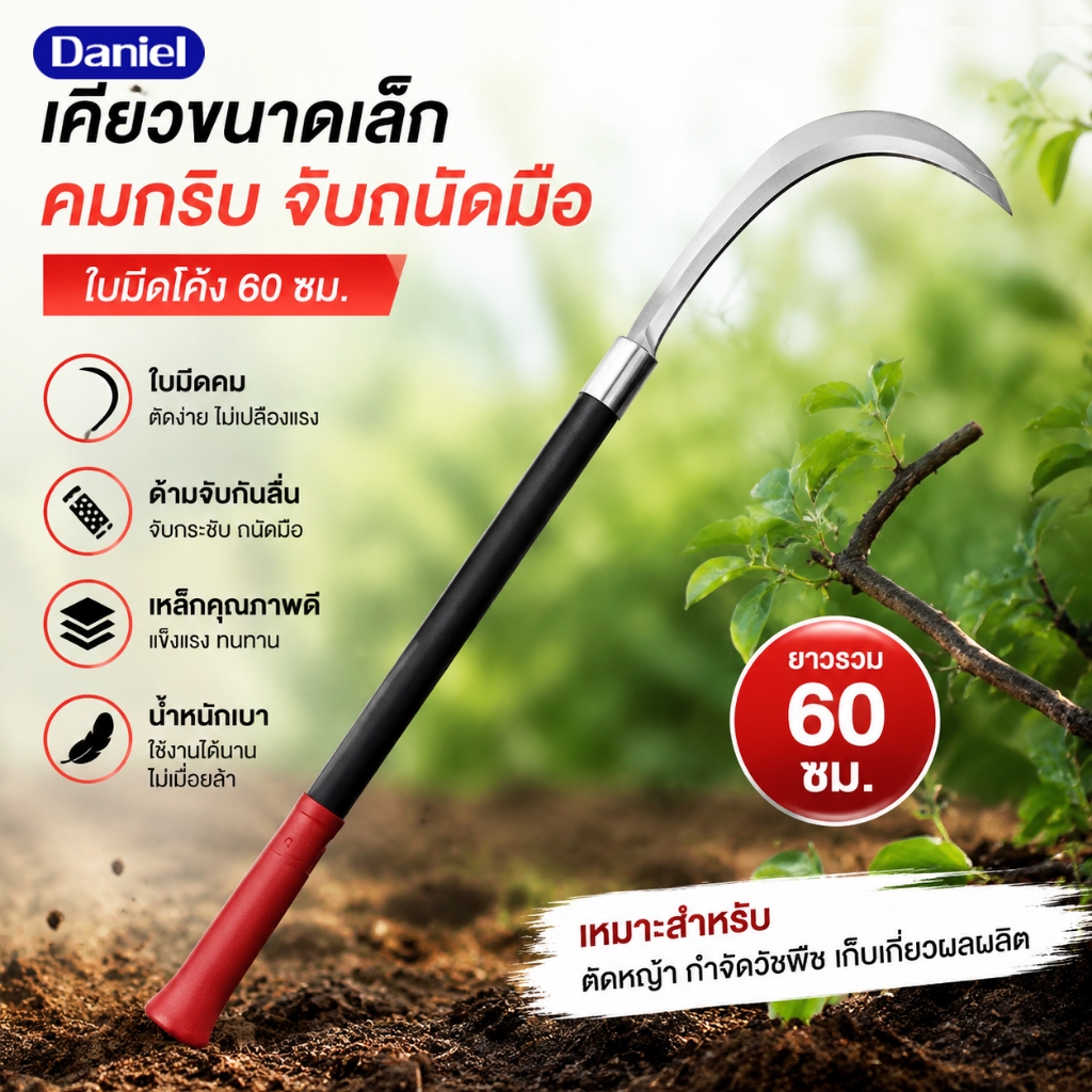 เคียวแมงกานีส เคียวปาดตองด้ามแป๊บยาว ทำจากเหล็กแมงกานีส เคียวตัดหญ้า มีดดายหญ้า มีดถางหญ้า