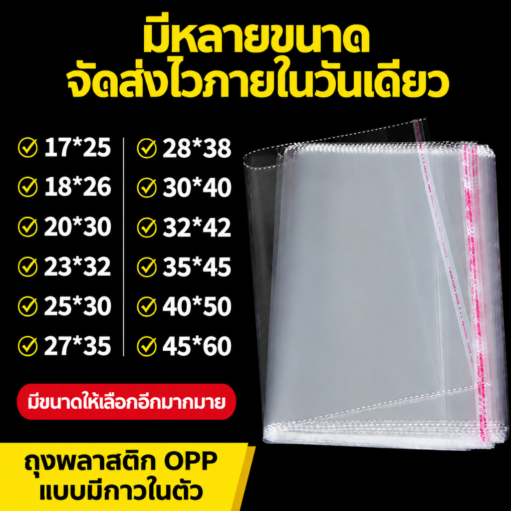 ถุงแก้วฝากาว OPP ใส ขนาดใหญ่ 100 ใบ ขนาดหลากหลาย