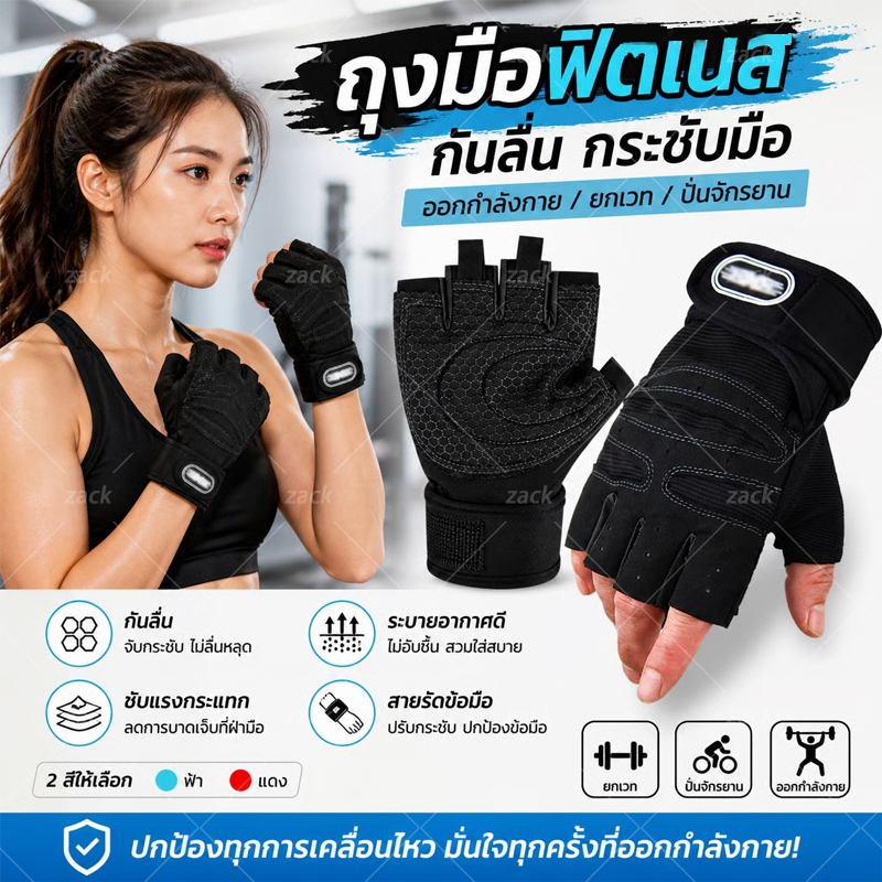 ถุงมือฟิตเนส ถุงมือครึ่งนิ้ว ถุงมือมอเตอร์ไซค์ ปั่นจักรยานแบบเจลตรงฝ่ามือ แบบออกกำลังกาย Bicycle gloves