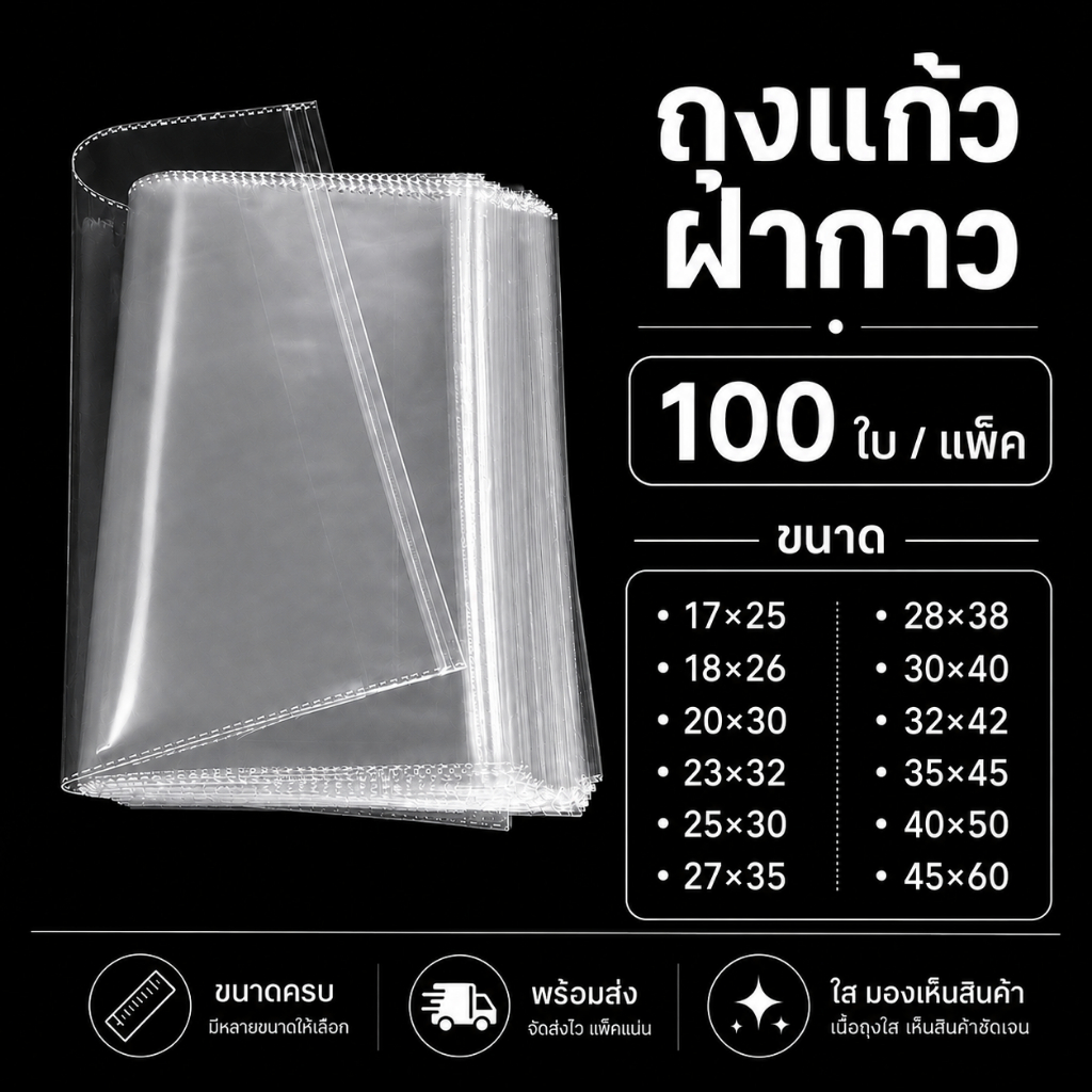 ถุงแก้วฝากาว OPP ขนาดหลากหลาย ขนาดใหญ่ ใส 100 ใบ