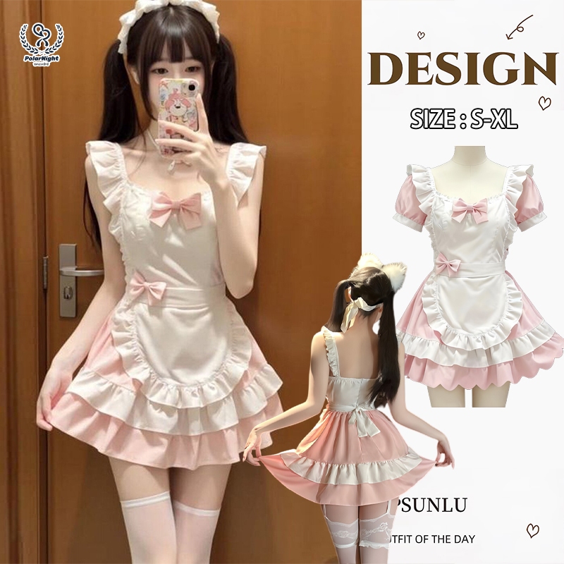 Polar_night Lolita ชุดเมด ระบายลูกไม้ cosplay ชุดคอสเพลย์ กระโปรงชั้นหลายชั้น โบว์ตกแต่งหลายจุด