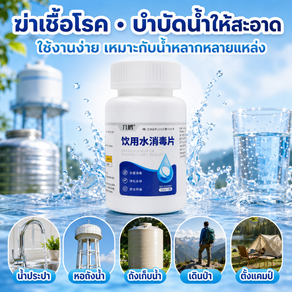 คลอรีนเม็ด เม็ดฟอกน้ำดื่มคลอรีนก้อนเม็ดฟู่ปรับสภาพน้ำทำน้ำใส สะอาด ฆ่าเชื้อโรค