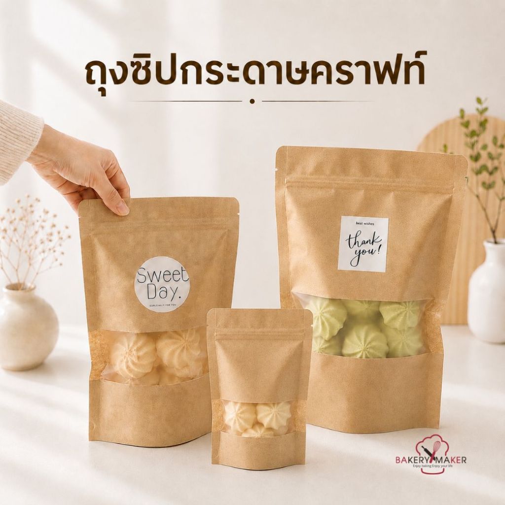 ถุงพลาสติกแบบมีซิป กระดาษคราฟท์ หน้าต่าง 6 ขนาด / แพ็ค 20 ใบ ถุงซิป ถุงคุกกี้ ถุงขนม