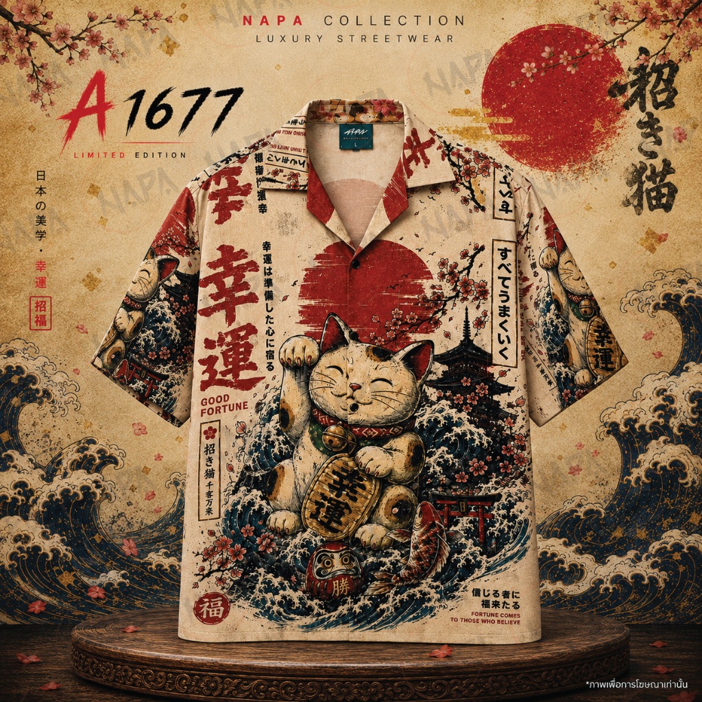 เสื้อฮาวาย แมวกวักคลื่นดารุมะ A1677 ผ้าไหมอิตาลีแท้